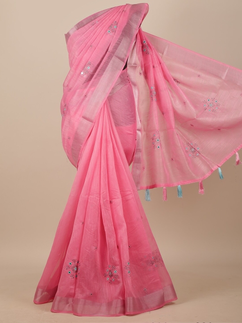 

Pothys Pink & Turquoise Blue Floral Embroidered Chanderi Saree