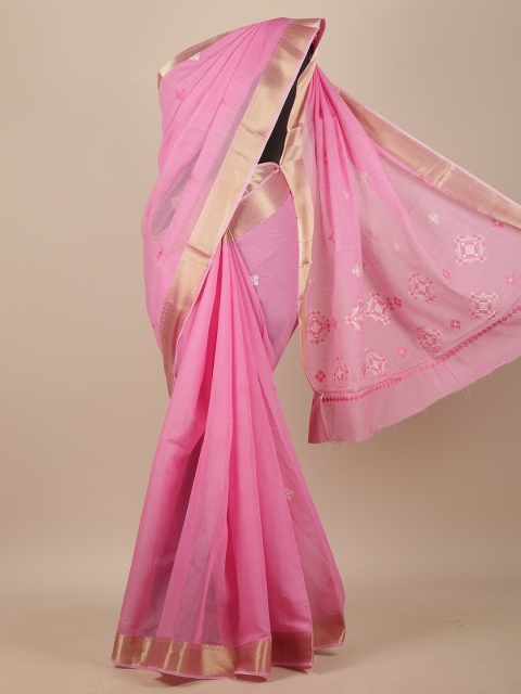 

Pothys Pink & Gold-Toned Floral Embroidered Chanderi Saree