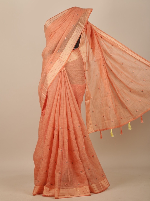 

Pothys Peach-Coloured Floral Embroidered Chanderi Saree