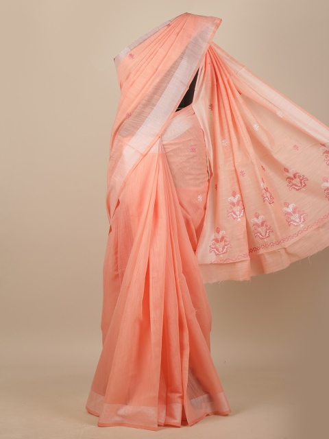 

Pothys Peach-Coloured & Silver-Toned Floral Chanderi Saree