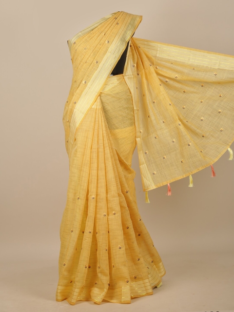 

Pothys Yellow & Gold-Toned Ethnic Motifs Zari Chanderi Saree