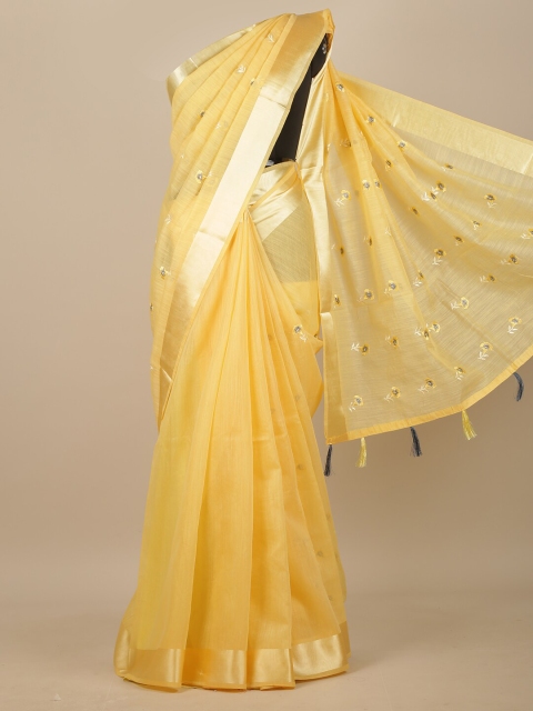 

Pothys Yellow & Silver-Toned Floral Embroidered Chanderi Saree