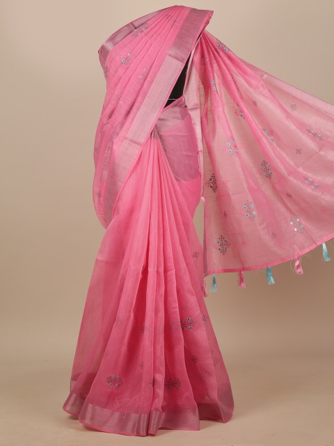 

Pothys Pink & Turquoise Blue Floral Embroidered Chanderi Saree