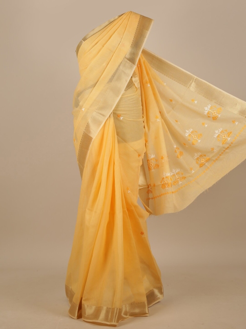 

Pothys Yellow & Gold-Toned Floral Embroidered Chanderi Saree