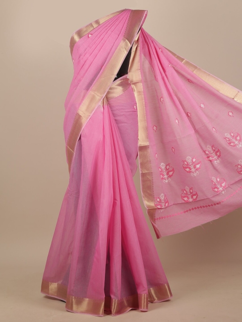 

Pothys Pink & Gold-Toned Floral Embroidered Chanderi Saree