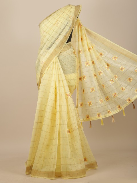 

Pothys Yellow & Gold-Toned Checked Embroidered Chanderi Saree