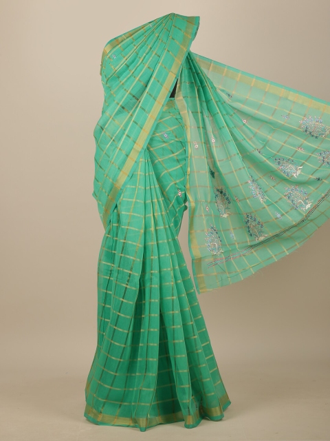 

Pothys Green & Gold-Toned Checked Zari Chanderi Saree
