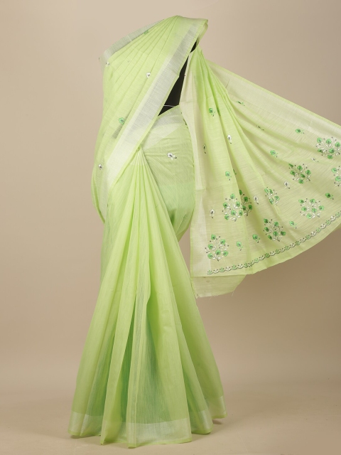 

Pothys Green & White Floral Zari Chanderi Saree