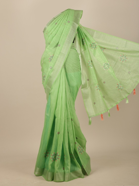 

Pothys Green & Orange Floral Zari Chanderi Saree