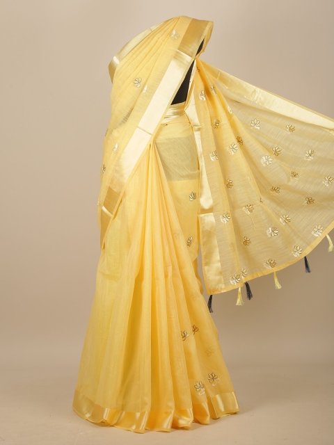 

Pothys Yellow & Gold-Toned Floral Zari Chanderi Saree