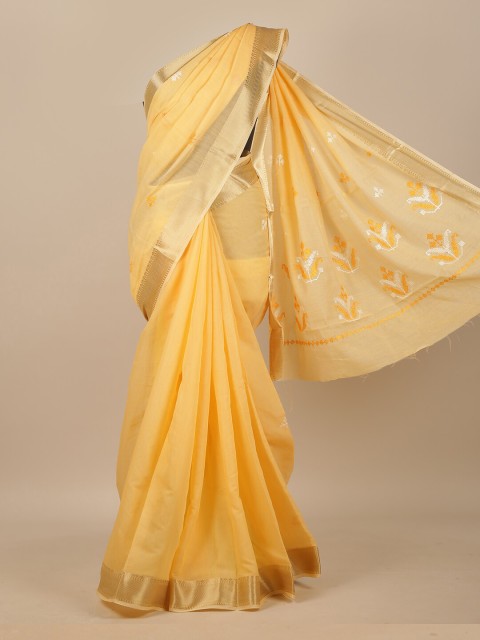 

Pothys Yellow & Gold-Toned Floral Embroidered Chanderi Saree