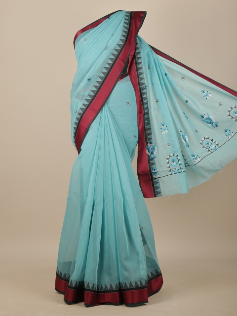 

Pothys Blue & Maroon Floral Zari Chanderi Saree