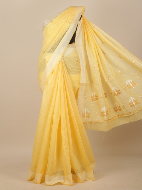 

Pothys Yellow & Silver-Toned Floral Zari Chanderi Saree