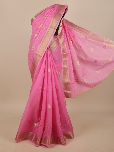 

Pothys Pink & Gold-Toned Floral Embroidered Chanderi Saree