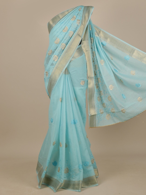 

Pothys Blue & Gold-Toned Floral Embroidered Chanderi Saree