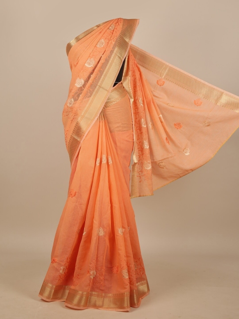 

Pothys Orange & Gold-Toned Floral Embroidered Chanderi Saree