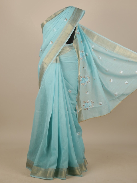 

Pothys Blue & Gold-Toned Floral Embroidered Chanderi Saree