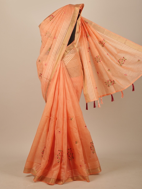 

Pothys Peach-Coloured & Green Floral Embroidered Chanderi Saree