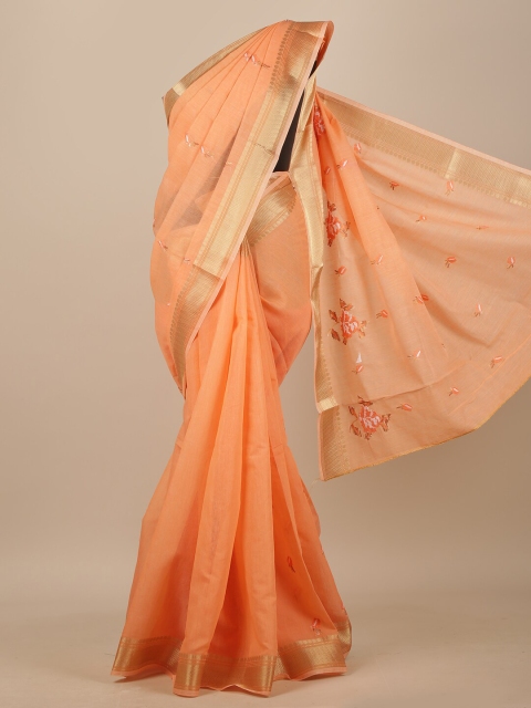 

Pothys Orange & Gold-Toned Floral Embroidered Chanderi Saree