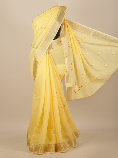 

Pothys Yellow & Gold-Toned Floral Chanderi Saree