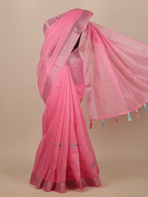 

Pothys Pink & Silver-Toned Floral Embroidered Chanderi Saree
