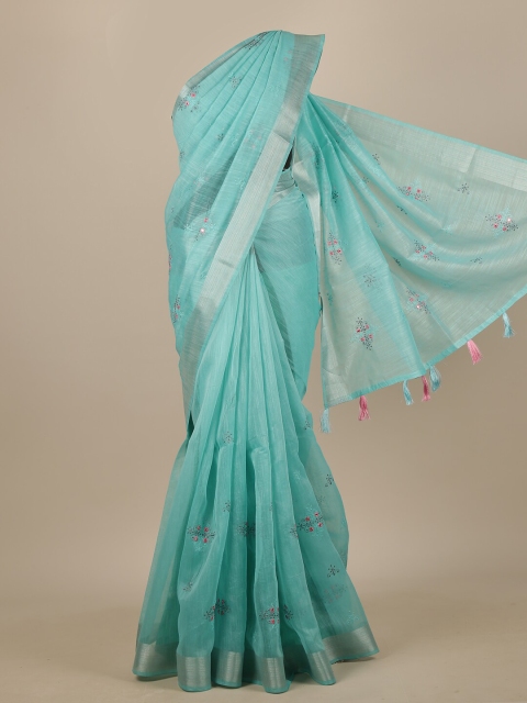 

Pothys Blue & Pink Floral Embroidered Chanderi Saree
