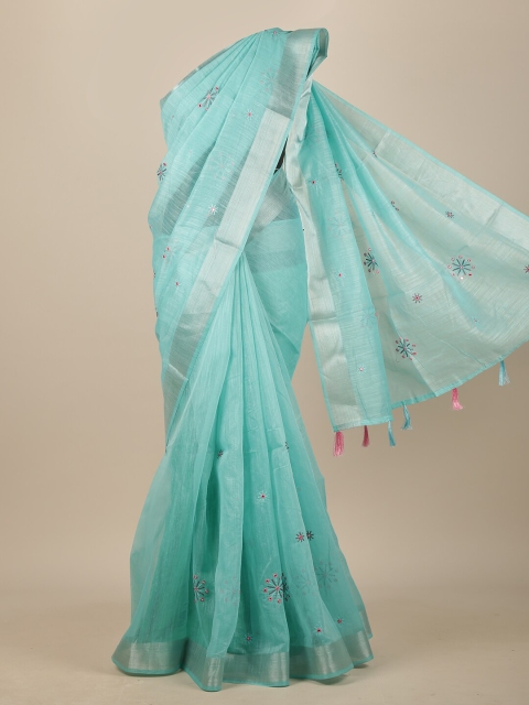 

Pothys Blue & Pink Floral Embroidered Chanderi Saree