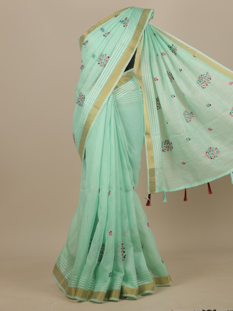 

Pothys Green & Pink Floral Embroidered Chanderi Saree