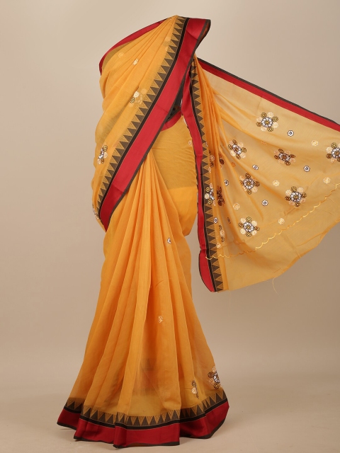 

Pothys Mustard & Red Floral Zari Chanderi Saree