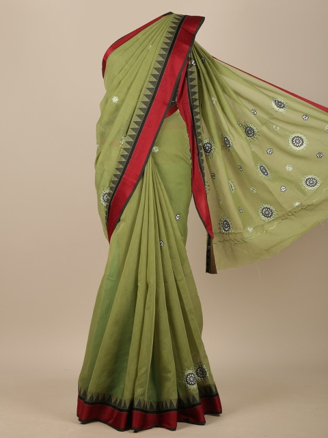 

Pothys Green & Red Floral Embroidered Chanderi Saree