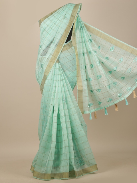 

Pothys Green & Gold-Toned Checked Zari Chanderi Saree