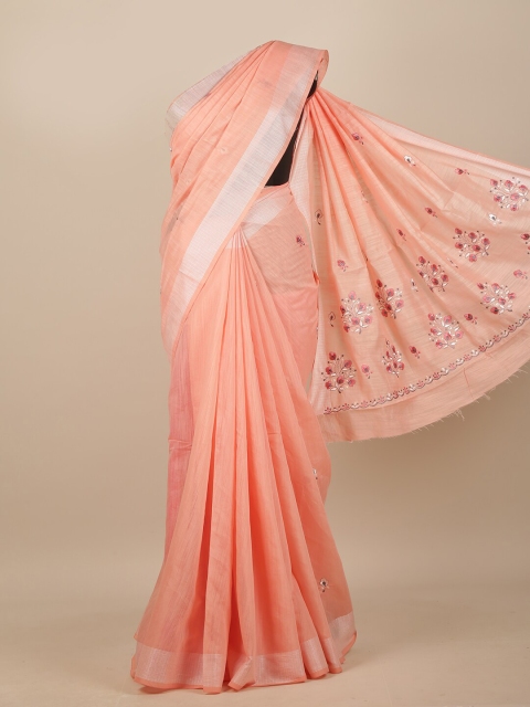 

Pothys Pink & Silver-Toned Floral Embroidered Chanderi Saree
