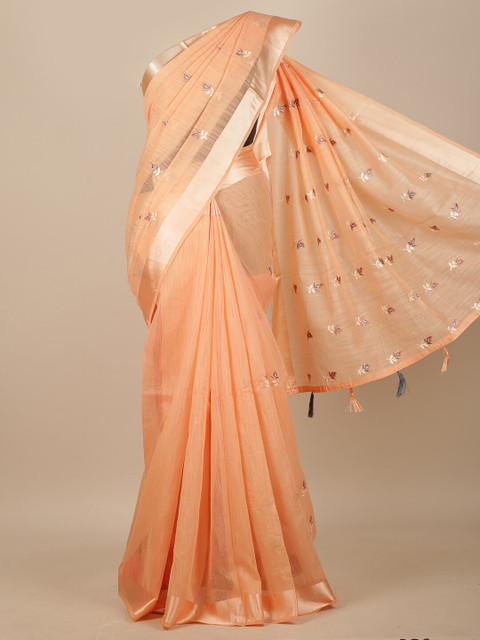 

Pothys Peach-Coloured & Grey Floral Embroidered Chanderi Saree