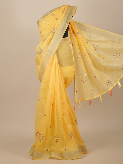 

Pothys Yellow & Grey Floral Embroidered Chanderi Saree
