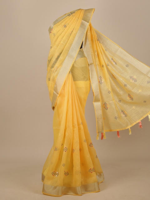 

Pothys Yellow & Peach-Coloured Floral Embroidered Chanderi Saree