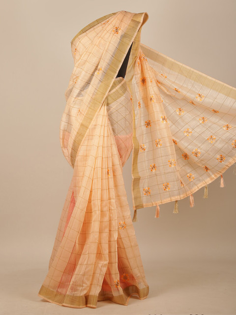 

Pothys Peach-Coloured & Gold-Toned Floral Embroidered Chanderi Saree