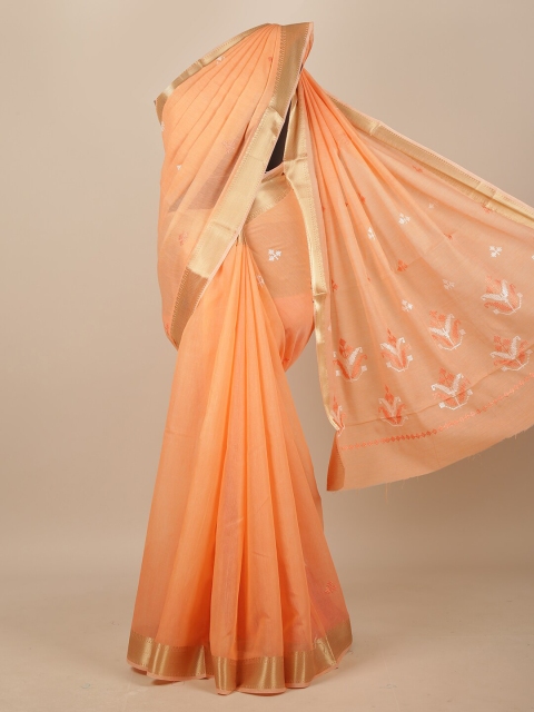 

Pothys Peach-Coloured & Gold-Toned Floral Embroidered Chanderi Saree