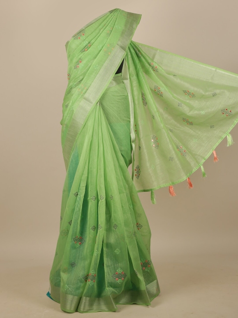 

Pothys Green & Orange Floral Embroidered Chanderi Saree