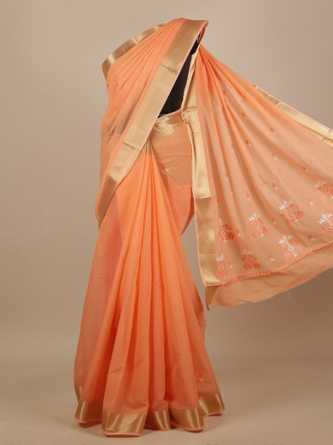 

Pothys Orange & Gold-Toned Floral Embroidered Chanderi Saree