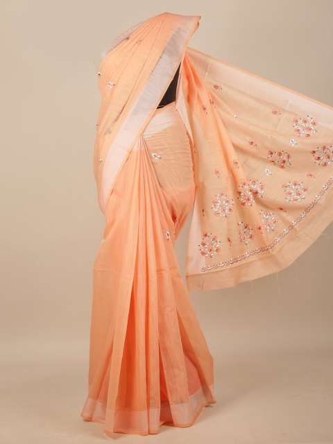 

Pothys Peach-Coloured & White Floral Embroidered Chanderi Saree