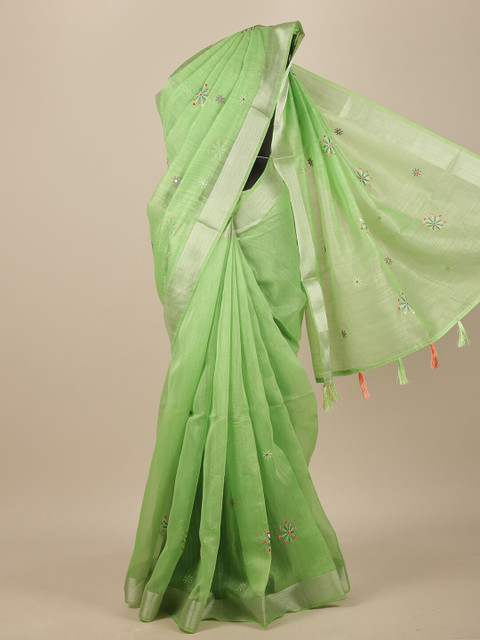 

Pothys Green & Grey Floral Embroidered Chanderi Saree