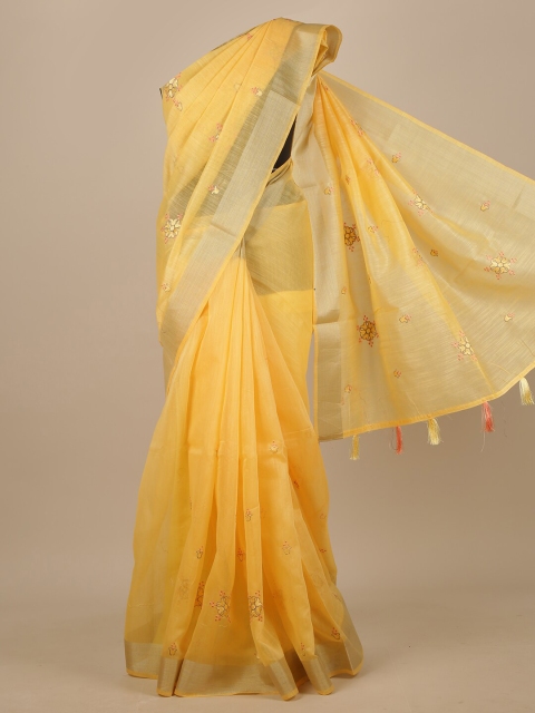 

Pothys Yellow & Green Floral Zari Chanderi Saree