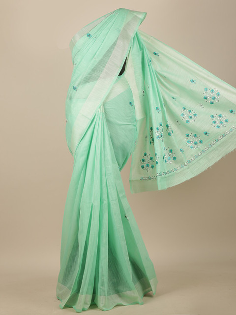 

Pothys Green Floral Embroidered Chanderi Saree