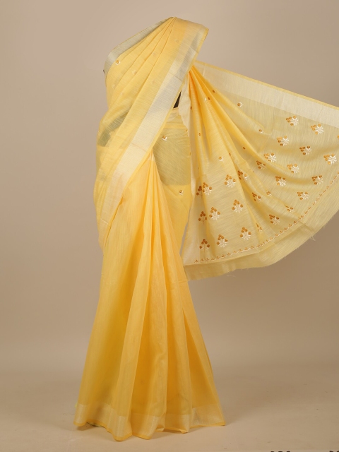 

Pothys Yellow & Silver-Toned Floral Embroidered Chanderi Saree