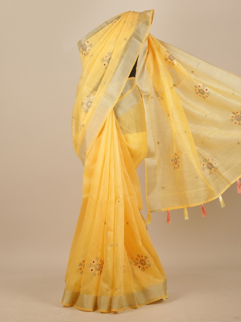 

Pothys Yellow & Pink Floral Embroidered Chanderi Saree