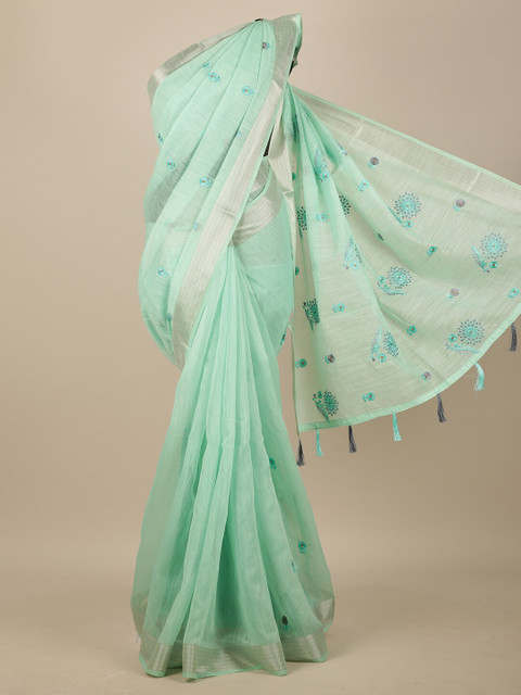 

Pothys Green & Silver-Toned Floral Embroidered Chanderi Saree