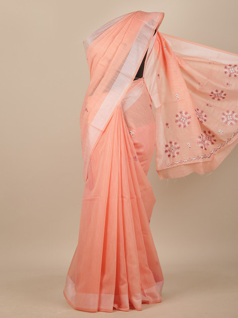 

Pothys Pink & White Floral Embroidered Chanderi Saree