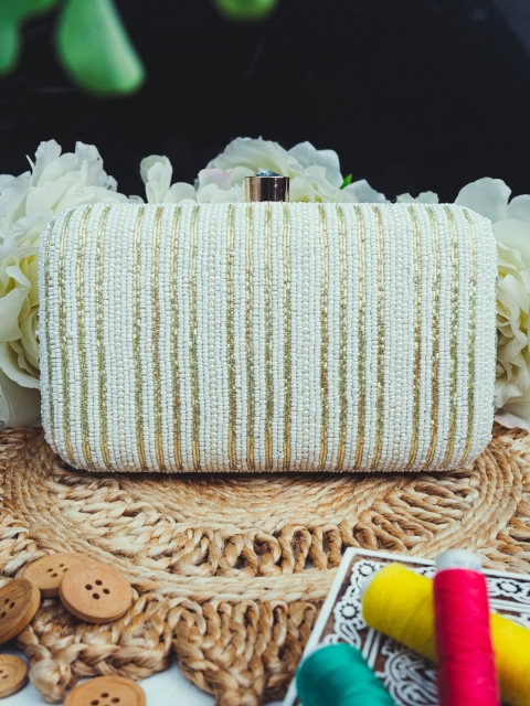 

NR By Nidhi Rathi White & Gold-Toned Embroidered Embellished Box Clutch