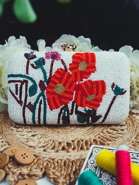 

NR By Nidhi Rathi White & Orange Embroidered Box Clutch