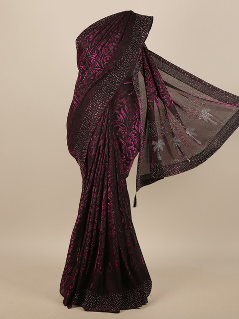 

Pothys Violet & Black Floral Beads and Stones Jute Cotton Saree